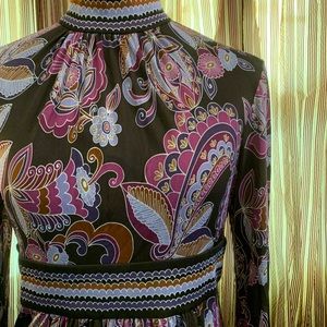 Trina Turk Brown & pink paisley mock neck silk jersey dress.